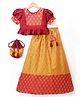 Vastramay Silk Blend Woven Half Sleeves Self Design Lehenga And Choli Set With Sling Bag - Mustard And Maroon