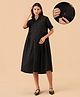 The Mom Store Cotton Flax Woven Half Sleeves Solid Shirt Style Maternity Dress With Side Zipper Nursing Access - Black