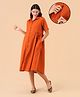 The Mom Store Cotton Flax Woven Half Sleeves Solid Shirt Style Maternity Dress With Side Zipper Nursing Access - Rust Orange