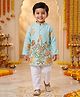 Ridokidz Cotton Woven Full Sleeves Floral & Animal Printed Kurta Pajama Set - Light Blue