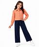 CrayonFlakes Cotton Knit Full Puffed Sleeves Gingham Checked Shirt Style Top & Pants Set - Orange