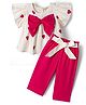 CrayonFlakes Cotton Knit Half Frill Sleeves Bow Applique Detailed & Hearts Printed Top & Pants Set - Pink