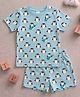 Tiny Hugs Cotton Knit Half Sleeves Penguin Printed Coordinating Tee & Shorts Set - Blue