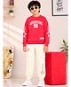 Kiddopanti Fleece Knit Full Sleeves Adventure 98 Text Printed Winter Sweatshirt & Joggers Set - Coral Pink & Off White