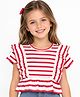 CrayonFlakes Cotton Knit Half Sleeves Striped & Frill Detailed Top - Red