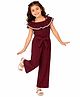 CrayonFlakes Woven Cold Shoulder Ric Rac Lace Embellished & Frill Detailed Jumpsuit - Maroon