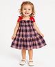 CrayonFlakes Cotton Woven Sleeveless Bow Applique Detailed Checked & Hearts Printed Dress - Navy Blue