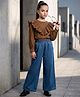 OLLINGTON ST. Poplin Woven Full Sleeves Top and Denim Pants with Dots Embroidery - Brown