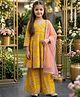 Cutiekins Viscose Rayon Woven Three Fourth Sleeves Gota Lace Embellished & Floral Printed Kurti Palazzo Set With Dupatta - Yellow & Pink