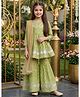 Cutiekins Viscose Rayon Woven Three Fourth Sleeves Gota Lace Embellished & Chevron Printed Kurti Sharara Set With Dupatta - Green & White
