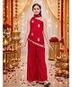 Titrit Georgette Woven Sleeveless Lace Embellished Leaves Foil Printed Top & Palazzo Set With Attached Dupatta - Red