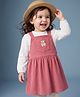 Babyhug Corduroy Knit Frock and Tee with Full Sleeves, Bear Applique and Polka Dots Print in Pink