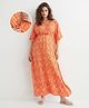 Bella Mama 100% Cotton Woven Half Sleeves Kaftan Style Printed Maternity Nighty - Orange