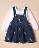 Babyhug Premium Denim Knit Frock and Tee with Full Sleeves and Floral Embroidery in Blue