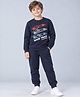 Plum Tree 100% Cotton Knit Full Sleeves Race Track Text Printed Tee & Joggers Set - Navy Blue