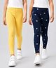 Plum Tree Cotton Lycra Knit Pack Of 2 Solid & Stars Printed Leggings - Navy Blue & Yellow