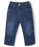 Simply Premium Cotton Blend Denim Full Length Washed Jeans With Heart Embroidery - Navy Blue