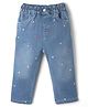 Simply Premium Cotton Blend Denim Full Length Washed Jeans With Heart Embroidery - Blue