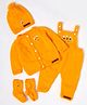 The Original Knit Knit Full Sleeves Floral Embroidered Sweater Set With Dungarees Cap & Booties - Yellow