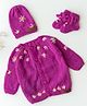 The Original Knit Hand Knitted Full Sleeves Floral Embroidered Sweater With Cap & Booties - Purple - Circumference - 35.6 Cm