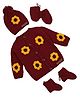 The Original Knit Knit Full Sleeves Floral Applique Detailed Sweater With Cap Mittens & Booties - Maroon - Circumference 30.5 Cm
