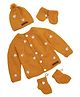 The Original Knit Knit Full Sleeves Hearts Embroidered Sweater With Cap Mittens & Booties - Mustard - Circumference 34.3 Cm