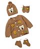 The Original Knit Knit Full Sleeves Bear Applique Detailed & Floral Embroidered Sweater With Cap Mittens & Booties - Beige - Circumference 30.5 Cm