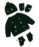 The Original Knit Knit Full Sleeves Leaf Embroidered Sweater With Cap Mittens & Booties - Bottle Green - Circumference 30.5 Cm