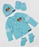 The Original Knit Knitted Full Sleeves Bear Applique Detailed Winter Front Open Sweater With Cap Mittens & Booties Set - Sky Blue - Circumference 30.5 Cms