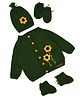The Original Knit Knitted Full Sleeves Floral Applique Detailed Front Open Sweater With Cap Mittens & Booties Set - Dark Green - Circumference 35.6 Cms