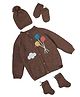 The Original Knit Knitted Full Sleeves Balloons & Clouds Applique Detailed Winter Front Open Sweater With Cap Mittens & Booties - Brown - Circumference 30.5 Cms
