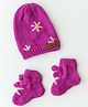 The Original Knit Hand Knitted Floral Embroidered Cap & Booties Set - Purple - Circumference 30.5 Cms