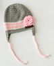 The Original Knit Knitted Floral Applique Detailed Cap - Grey & Baby Pink - Circumference - 35.6 Cms