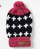 The Original Knit Hand Knitted Cross Designed & Pom Pom Embellished Cap - Pink & Black - Circumference - 34.3 Cms