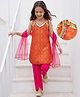 Earthy Touch Chanderi Woven Full Length Kurti and Dhoti Set and Dupatta with Sleeveless and Damask Print in Orange for 3-4 Years