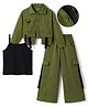 OLLINGTON ST. Cotton Looper Knit Full Sleeves Jacket With Top and Pants Set in Olive Green