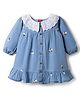 Babyhug Premium Denim Woven Frock With Full Sleeves and Floral Embroidery in Blue