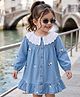 Babyhug Premium Denim Woven Frock With Full Sleeves and Floral Embroidery in Blue