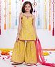 Joy Cotton Cotton Woven Sleeveless Floral Motifs Printed & Embroidered Mirror Work Detailed Gota Lace Embellished Coordinating Kurti Sharara Set With Dupatta - Yellow