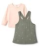 Babyhug Cotton Twill Woven Full Sleeves Frock and Tee with Knee Length and Floral Embroidery in Green