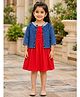 Bright Stars KIDSWEAR Solid Dress With Full Sleeves Pearls Embellished Denim Jacket Set - Red
