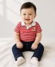 PURPLE UNITED KIDS Cotton Lycra Woven Half Sleeves Striped & Enjoy Summer Text Patch Detailed Polo Tee & Jeans Set - Red & Dark Blue