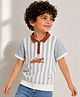 PURPLE UNITED KIDS Cotton Woven Half Sleeves Striped & Vintage Text Embroidered Polo Tee - Light Blue