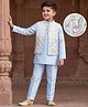 EARTHY TOUCH Woven Full Sleeves Kurta & Pyjama Set With Stone Embellished Jacket - Blue