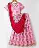Pine Kids Woven Half Sleeves Choli & Lehenga Set with Floral Print & Dupatta in Pink