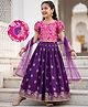 Pine Kids Woven Half Sleeves Lehenga Choli with Dupatta and Floral Damask Print in Pink