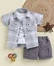 TINY TUX Textile Knit Half Sleeves Checked Shirt & Shorts With Tee Set - Grey
