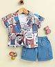 TINY TUX Textile Knit Half Sleeves Bear Printed Shirt & Shorts With Tee - Blue