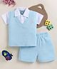 TINY TUX Sinker Knit Half Sleeves Brand Logo Puff Printed Shirt With Attached Vest & Shorts Set - Sky Blue