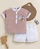 TINY TUX Textile Knit Half Sleeves Striped Polo Tee & Shorts Set - Maroon